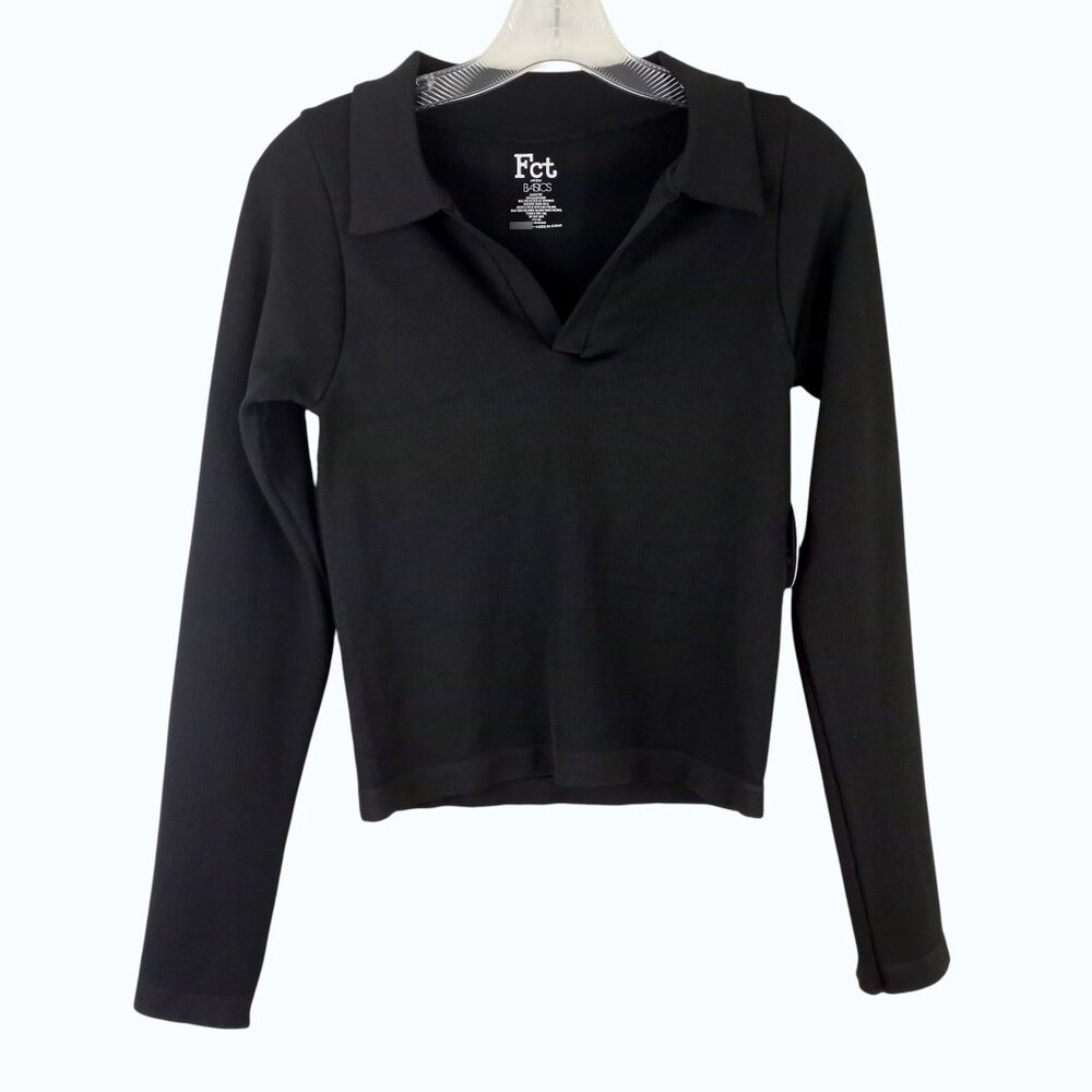 NWT Full Circle Trends Black Ribbed Cropped Polo Sweater Top CHOOSE SIZE